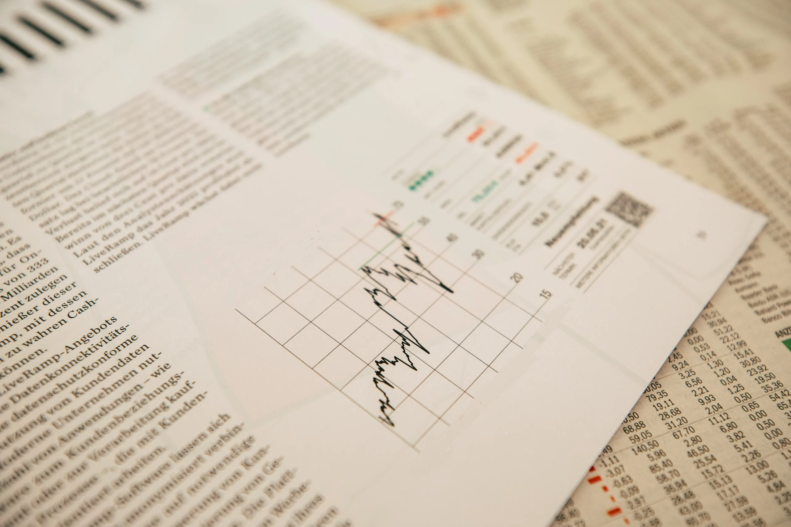 Wykres finansowy na kartce z raportu lub gazety, przedstawiający zmiany wartości na tle danych liczbowych i tabel ekonomicznych.